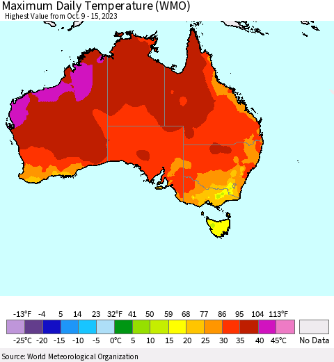 Australia Maximum Daily Temperature (WMO) Thematic Map For 10/9/2023 - 10/15/2023