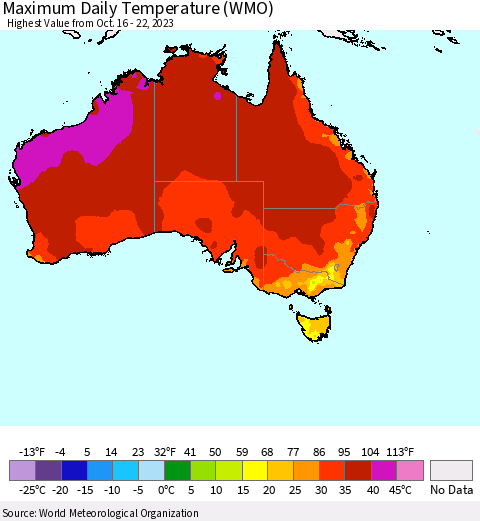 Australia Maximum Daily Temperature (WMO) Thematic Map For 10/16/2023 - 10/22/2023