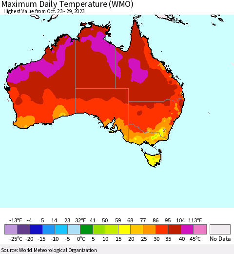 Australia Maximum Daily Temperature (WMO) Thematic Map For 10/23/2023 - 10/29/2023