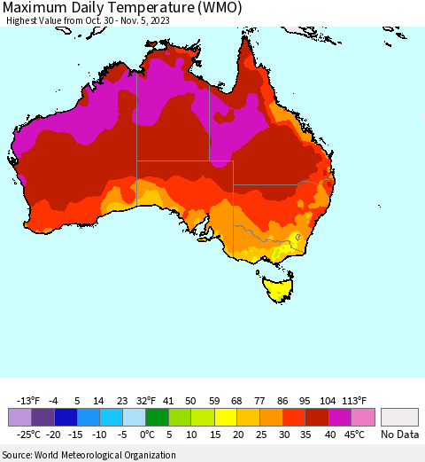 Australia Maximum Daily Temperature (WMO) Thematic Map For 10/30/2023 - 11/5/2023