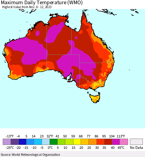 Australia Maximum Daily Temperature (WMO) Thematic Map For 11/6/2023 - 11/12/2023