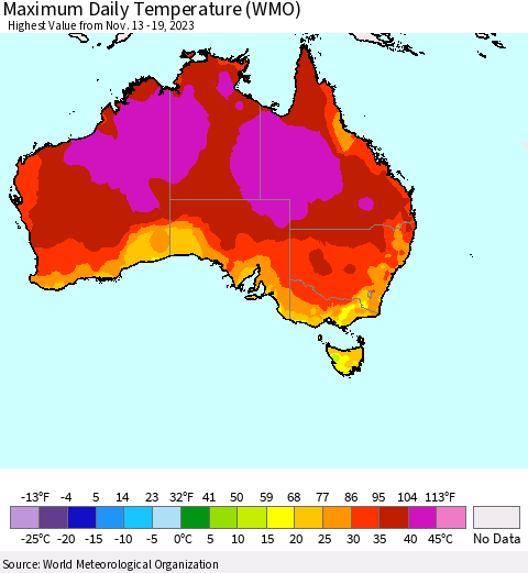 Australia Maximum Daily Temperature (WMO) Thematic Map For 11/13/2023 - 11/19/2023