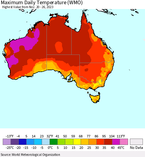 Australia Maximum Daily Temperature (WMO) Thematic Map For 11/20/2023 - 11/26/2023