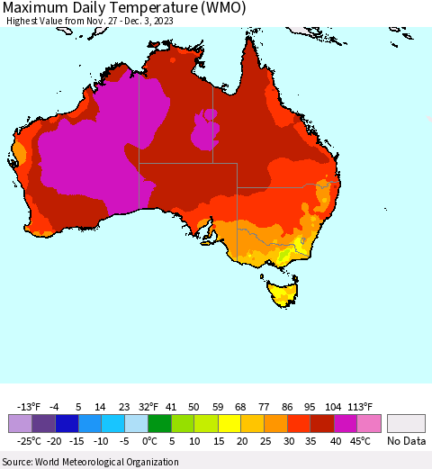 Australia Maximum Daily Temperature (WMO) Thematic Map For 11/27/2023 - 12/3/2023