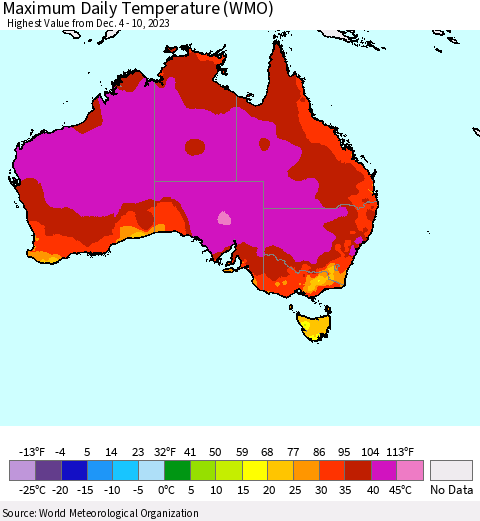 Australia Maximum Daily Temperature (WMO) Thematic Map For 12/4/2023 - 12/10/2023