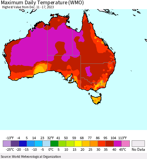 Australia Maximum Daily Temperature (WMO) Thematic Map For 12/11/2023 - 12/17/2023