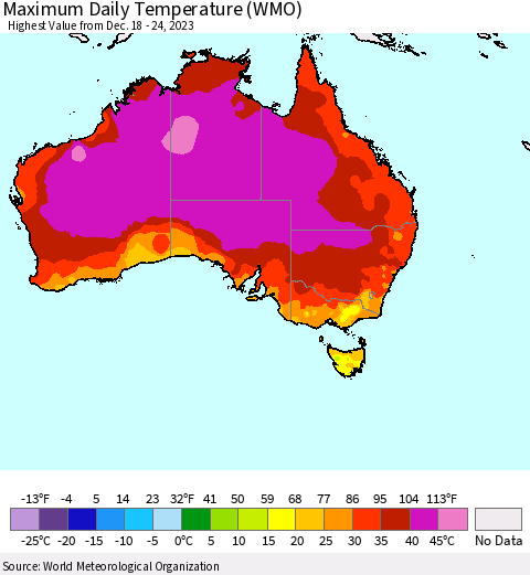 Australia Maximum Daily Temperature (WMO) Thematic Map For 12/18/2023 - 12/24/2023