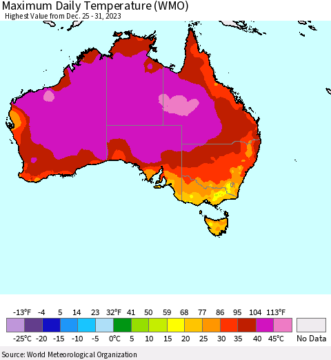 Australia Maximum Daily Temperature (WMO) Thematic Map For 12/25/2023 - 12/31/2023