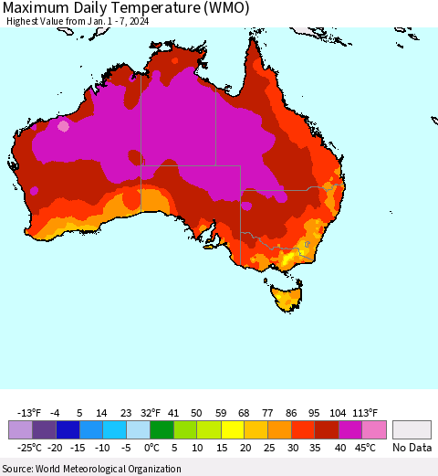 Australia Maximum Daily Temperature (WMO) Thematic Map For 1/1/2024 - 1/7/2024