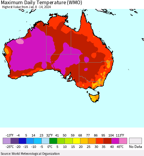Australia Maximum Daily Temperature (WMO) Thematic Map For 1/8/2024 - 1/14/2024