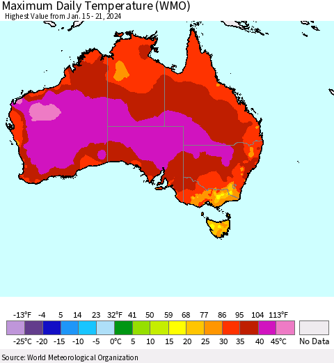 Australia Maximum Daily Temperature (WMO) Thematic Map For 1/15/2024 - 1/21/2024