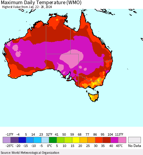 Australia Maximum Daily Temperature (WMO) Thematic Map For 1/22/2024 - 1/28/2024
