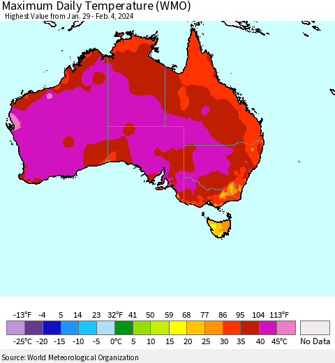 Australia Maximum Daily Temperature (WMO) Thematic Map For 1/29/2024 - 2/4/2024