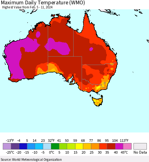 Australia Maximum Daily Temperature (WMO) Thematic Map For 2/5/2024 - 2/11/2024