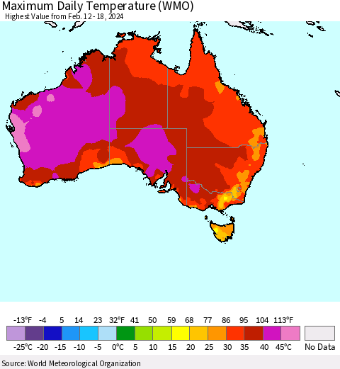 Australia Maximum Daily Temperature (WMO) Thematic Map For 2/12/2024 - 2/18/2024