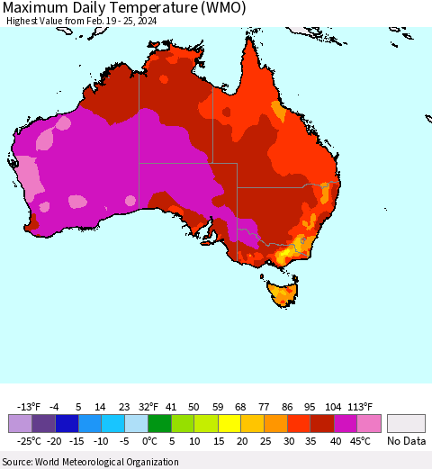 Australia Maximum Daily Temperature (WMO) Thematic Map For 2/19/2024 - 2/25/2024