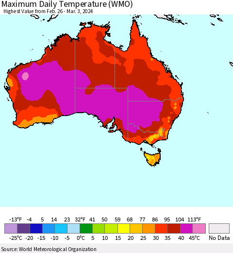 Australia Maximum Daily Temperature (WMO) Thematic Map For 2/26/2024 - 3/3/2024