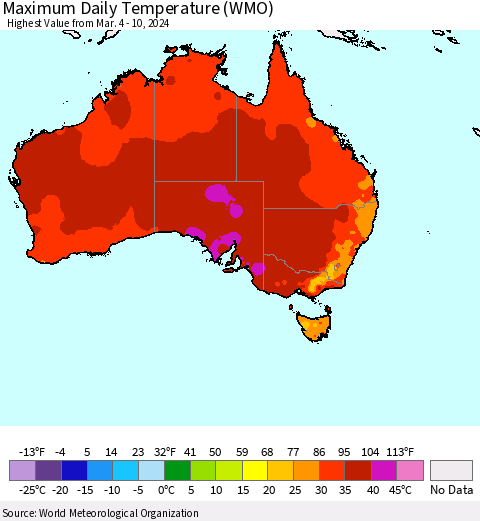 Australia Maximum Daily Temperature (WMO) Thematic Map For 3/4/2024 - 3/10/2024