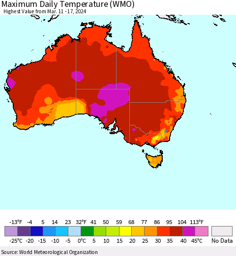 Australia Maximum Daily Temperature (WMO) Thematic Map For 3/11/2024 - 3/17/2024