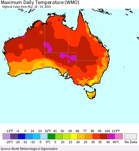 Australia Maximum Daily Temperature (WMO) Thematic Map For 3/18/2024 - 3/24/2024
