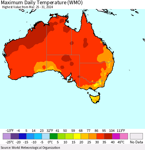 Australia Maximum Daily Temperature (WMO) Thematic Map For 3/25/2024 - 3/31/2024