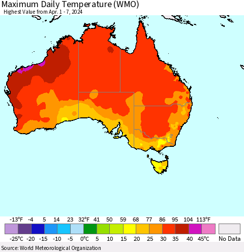 Australia Maximum Daily Temperature (WMO) Thematic Map For 4/1/2024 - 4/7/2024