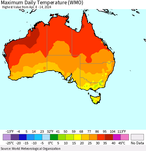 Australia Maximum Daily Temperature (WMO) Thematic Map For 4/8/2024 - 4/14/2024