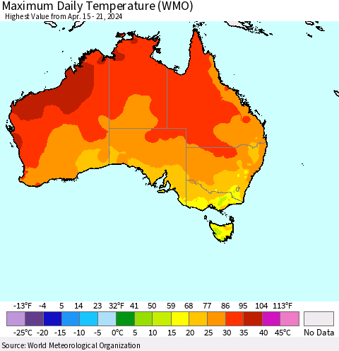 Australia Maximum Daily Temperature (WMO) Thematic Map For 4/15/2024 - 4/21/2024
