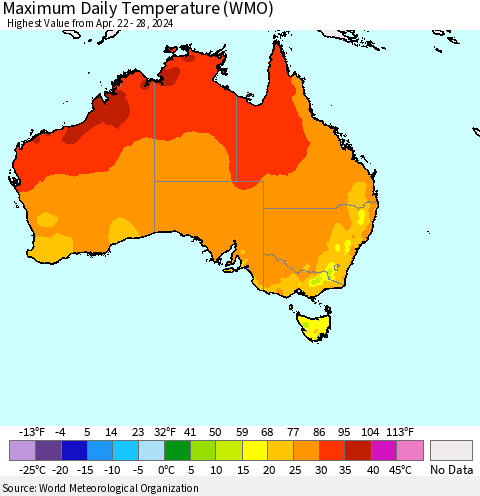 Australia Maximum Daily Temperature (WMO) Thematic Map For 4/22/2024 - 4/28/2024