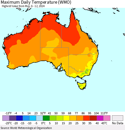 Australia Maximum Daily Temperature (WMO) Thematic Map For 5/6/2024 - 5/12/2024