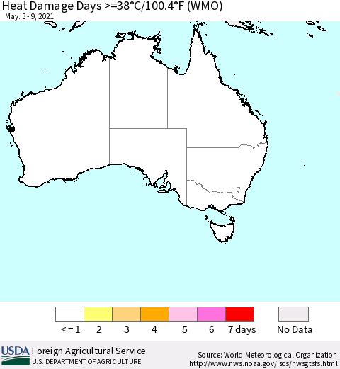 Australia Heat Damage Days >=38°C/100°F (WMO) Thematic Map For 5/3/2021 - 5/9/2021