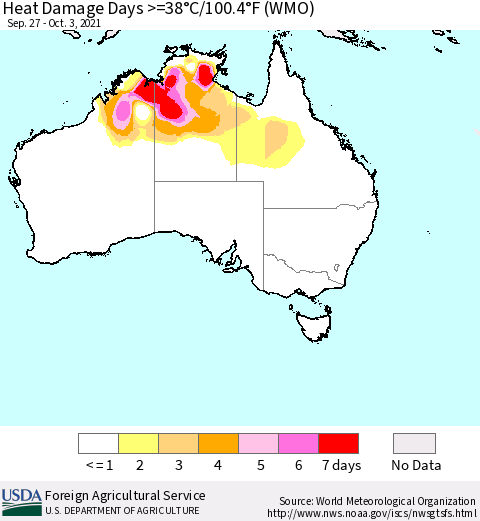 Australia Heat Damage Days >=38°C/100°F (WMO) Thematic Map For 9/27/2021 - 10/3/2021