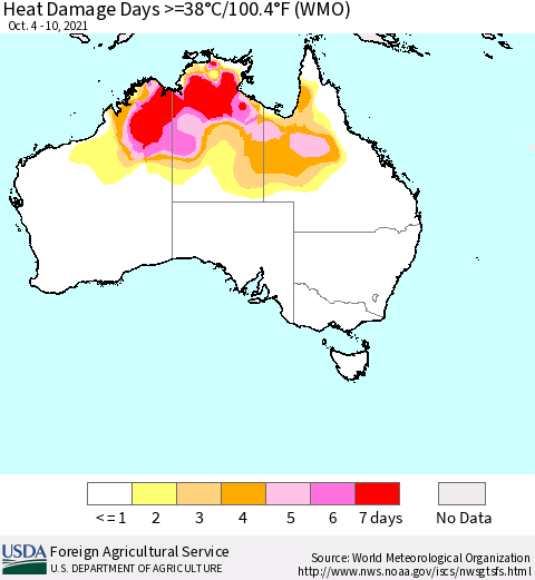 Australia Heat Damage Days >=38°C/100°F (WMO) Thematic Map For 10/4/2021 - 10/10/2021