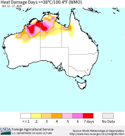 Australia Heat Damage Days >=38°C/100°F (WMO) Thematic Map For 10/11/2021 - 10/17/2021