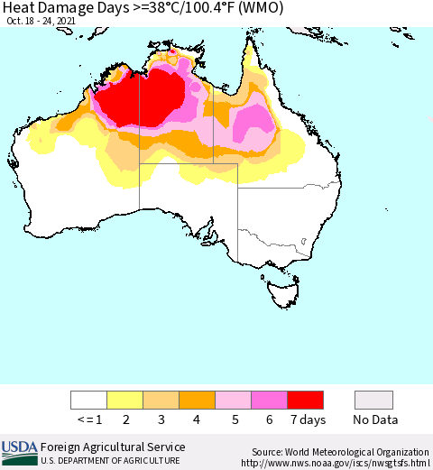 Australia Heat Damage Days >=38°C/100°F (WMO) Thematic Map For 10/18/2021 - 10/24/2021