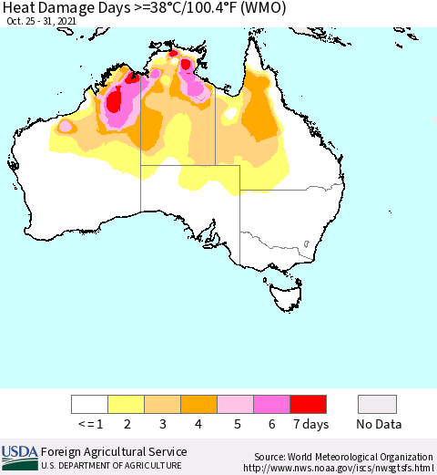 Australia Heat Damage Days >=38°C/100°F (WMO) Thematic Map For 10/25/2021 - 10/31/2021