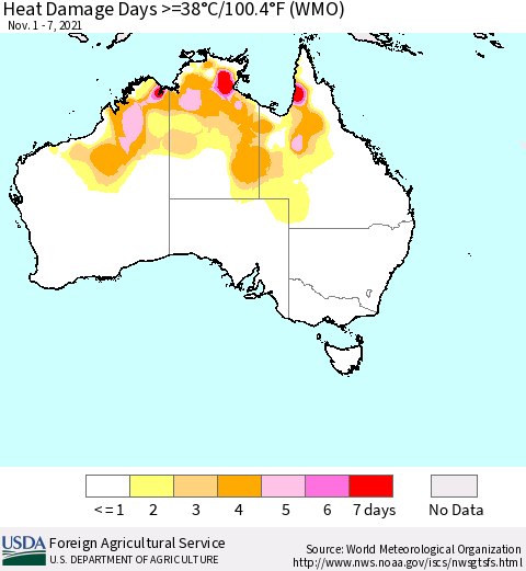 Australia Heat Damage Days >=38°C/100°F (WMO) Thematic Map For 11/1/2021 - 11/7/2021