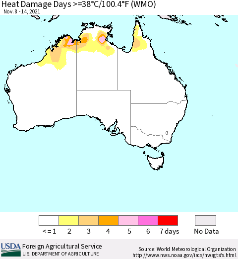 Australia Heat Damage Days >=38°C/100°F (WMO) Thematic Map For 11/8/2021 - 11/14/2021