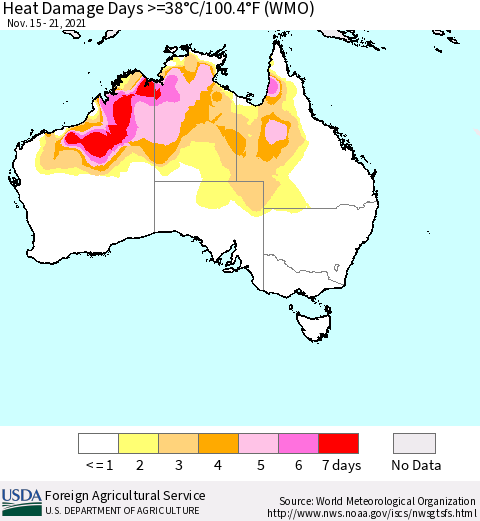 Australia Heat Damage Days >=38°C/100°F (WMO) Thematic Map For 11/15/2021 - 11/21/2021