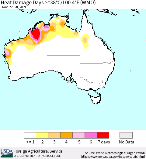 Australia Heat Damage Days >=38°C/100°F (WMO) Thematic Map For 11/22/2021 - 11/28/2021