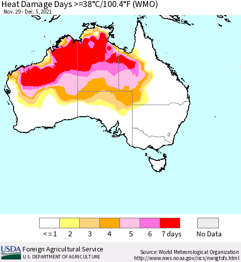 Australia Heat Damage Days >=38°C/100°F (WMO) Thematic Map For 11/29/2021 - 12/5/2021