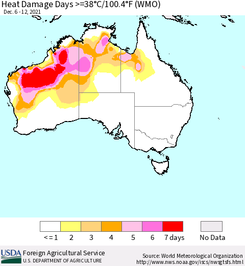 Australia Heat Damage Days >=38°C/100°F (WMO) Thematic Map For 12/6/2021 - 12/12/2021