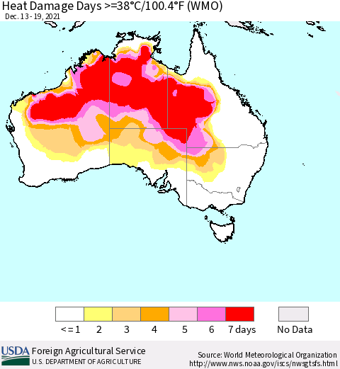 Australia Heat Damage Days >=38°C/100°F (WMO) Thematic Map For 12/13/2021 - 12/19/2021
