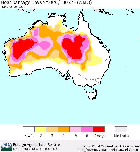 Australia Heat Damage Days >=38°C/100°F (WMO) Thematic Map For 12/20/2021 - 12/26/2021