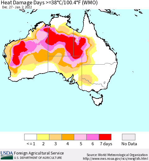 Australia Heat Damage Days >=38°C/100°F (WMO) Thematic Map For 12/27/2021 - 1/2/2022