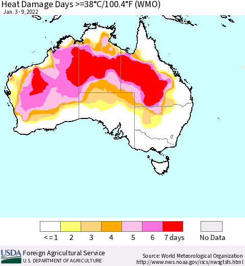Australia Heat Damage Days >=38°C/100°F (WMO) Thematic Map For 1/3/2022 - 1/9/2022