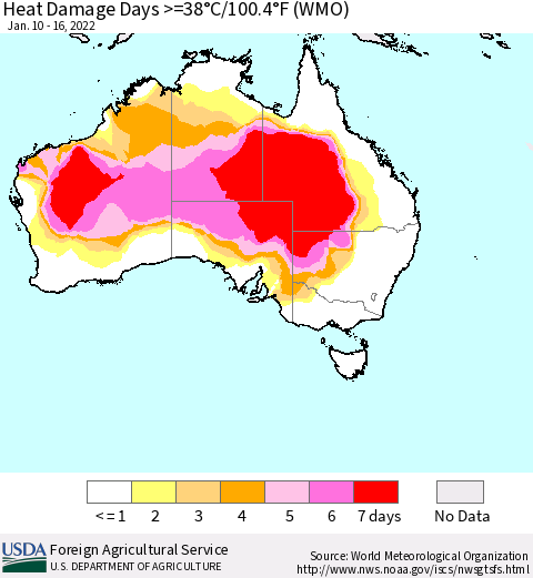 Australia Heat Damage Days >=38°C/100°F (WMO) Thematic Map For 1/10/2022 - 1/16/2022