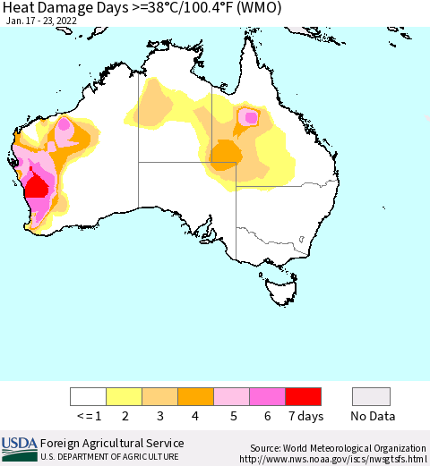 Australia Heat Damage Days >=38°C/100°F (WMO) Thematic Map For 1/17/2022 - 1/23/2022