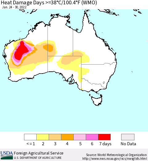 Australia Heat Damage Days >=38°C/100°F (WMO) Thematic Map For 1/24/2022 - 1/30/2022
