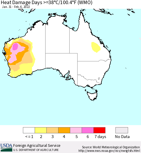 Australia Heat Damage Days >=38°C/100°F (WMO) Thematic Map For 1/31/2022 - 2/6/2022
